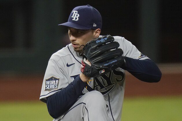 Tampa Bay Rays starting pitcher Blake Snell throws against the Los Angeles Dodgers during the fifth inning in Game 2 of the baseball World Series Wednesday, Oct. 21, 2020, in Arlington, Texas. (AP Photo/Eric Gay) Tampa Bay Rays starting pitcher Blake Snell throws against the Los Angeles Dodgers during the fifth inning in Game 2 of the baseball World Series Wednesday, Oct. 21, 2020, in Arlington, Texas. (AP Photo/Eric Gay)