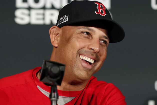 Boston Red Sox manager Alex Cora speaks to the media at a news conference in London, Friday, June 28, 2019. Major League Baseball will make its European debut with the New York Yankees versus Boston Red Sox game at London Stadium this weekend. (AP Photo/Frank Augstein)