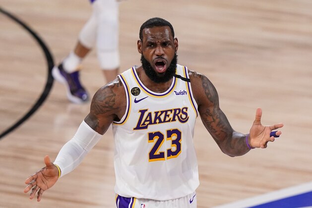 Los Angeles Lakers' LeBron James (23) reacts after no foul was called against the Miami Heat during the second half in Game 3 of basketball's NBA Finals, Sunday, Oct. 4, 2020, in Lake Buena Vista, Fla. (AP Photo/Mark J. Terrill)
