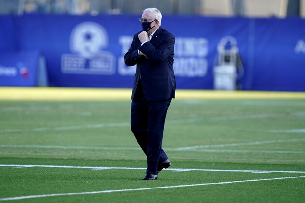 Dallas Cowboys owner Jerry Jones walks the field during a visit to watch NFL football practice in Frisco, Texas, Friday, Aug. 21, 2020. (AP Photo/LM Otero)