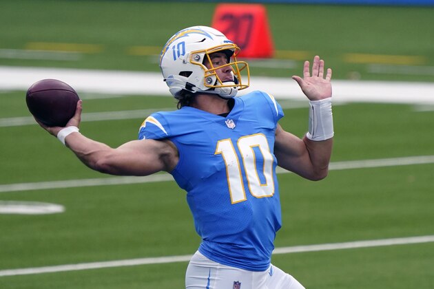 Los Angeles Chargers quarterback Justin Herbert throws against the Jacksonville Jaguars during the first half of an NFL football game Sunday, Oct. 25, 2020, in Inglewood, Calif. (AP Photo/Alex Gallardo)