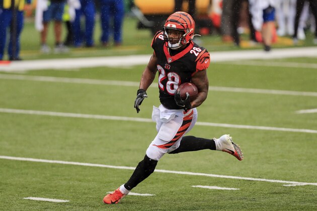 Cincinnati Bengals running back Joe Mixon (28) carries the ball during an NFL football game against the Jacksonville Jaguars in Cincinnati, Sunday, Oct. 4, 2020. Cincinnati won 33-25. (AP Photo/Aaron Doster) Cincinnati Bengals running back Joe Mixon (28) carries the ball during an NFL football game against the Jacksonville Jaguars in Cincinnati, Sunday, Oct. 4, 2020. Cincinnati won 33-25. (AP Photo/Aaron Doster)