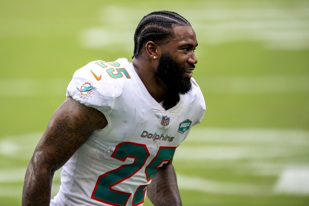 Miami Dolphins cornerback Xavien Howard (25) smiles on the field after they lost to the Seattle Seahawks during an NFL football game, Sunday, Oct. 4, 2020, in Miami Gardens, Fla. (AP Photo/Doug Murray)