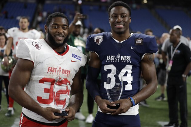 MVP's of the East West Shrine football game East running back Benny LeMay, of Charlotte, (32) and West safety Luther Kirk, of Illinois State, (34) pose with their trophies after the game Saturday, Jan. 18, 2020, in St. Petersburg, Fla. (AP Photo/Chris O'Meara) MVP's of the East West Shrine football game East running back Benny LeMay, of Charlotte, (32) and West safety Luther Kirk, of Illinois State, (34) pose with their trophies after the game Saturday, Jan. 18, 2020, in St. Petersburg, Fla. (AP Photo/Chris O'Meara)