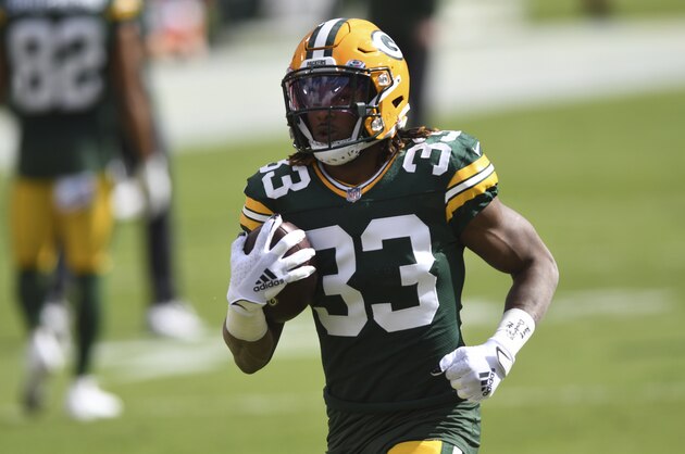 Green Bay Packers running back Aaron Jones (33) before an NFL football game against the Tampa Bay Buccaneers Sunday, Oct. 18, 2020, in Tampa, Fla. (AP Photo/Jason Behnken)