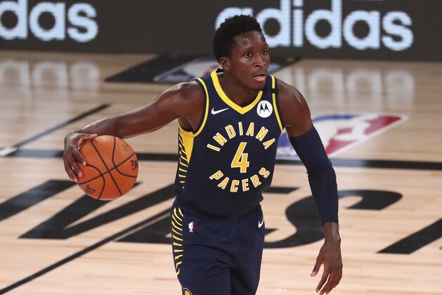 Indiana Pacers guard Victor Oladipo (4) controls the ball against the Houston Rockets in the second half of an NBA basketball game Wednesday, Aug. 12, 2020, in Lake Buena Vista, Fla. (Kim Klement/Pool Photo via AP) Indiana Pacers guard Victor Oladipo (4) controls the ball against the Houston Rockets in the second half of an NBA basketball game Wednesday, Aug. 12, 2020, in Lake Buena Vista, Fla. (Kim Klement/Pool Photo via AP)
