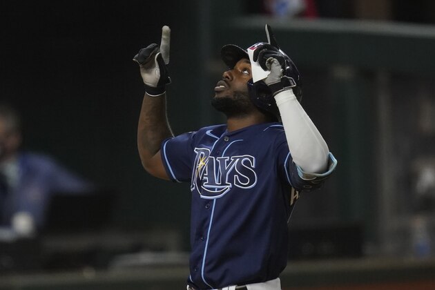 Tampa Bay Rays' Randy Arozarena celebrates after a home run against the Los Angeles Dodgers during the fourth inning in Game 4 of the baseball World Series Saturday, Oct. 24, 2020, in Arlington, Texas. (AP Photo/Eric Gay)