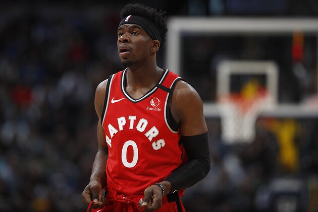 Toronto Raptors guard Terence Davis (0) in the first half of an NBA basketball game Sunday, March 1, 2020. (AP Photo/David Zalubowski)