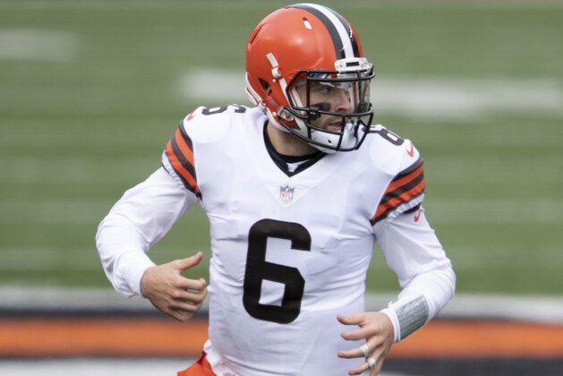 Cleveland Browns quarterback Baker Mayfield (6) during an NFL football game against the Cincinnati Bengals, Sunday, Oct. 25, 2020, in Cincinnati. (AP Photo/Emilee Chinn)