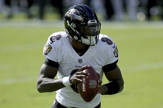 Baltimore Ravens quarterback Lamar Jackson (8) in action against the Philadelphia Eagles during an NFL football game on Sunday, Oct. 18, 2020, in Philadelphia. (Brad Penner/AP Images for Panini)