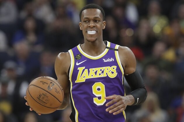 Los Angeles Lakers guard Rajon Rondo (9) during an NBA basketball game against the Golden State Warriors in San Francisco, Thursday, Feb. 27, 2020. (AP Photo/Jeff Chiu)