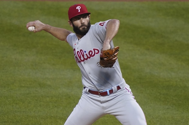 Philadelphia Phillies starting pitcher Jake Arrieta throws during the first inning of the team's baseball game against the New York Mets, Friday, Sept. 4, 2020, in New York. (AP Photo/John Minchillo)