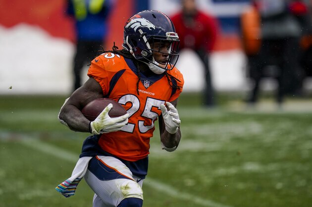 Denver Broncos running back Melvin Gordon (25) runs against the Kansas City Chiefs during a football game, Sunday, Oct. 25, 2020, in Denver. (AP Photo/Jack Dempsey)