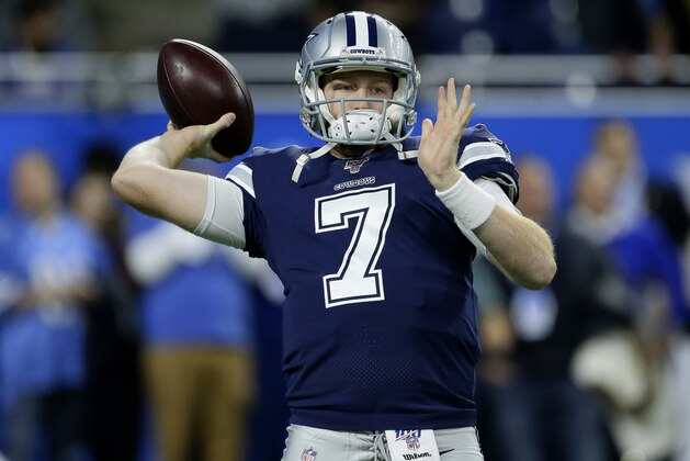 Dallas Cowboys quarterback Cooper Rush (7) tosses a pass during pregame of an NFL football game against the Detroit Lions, Sunday, Nov. 17, 2019, in Detroit. (AP Photo/Duane Burleson)
