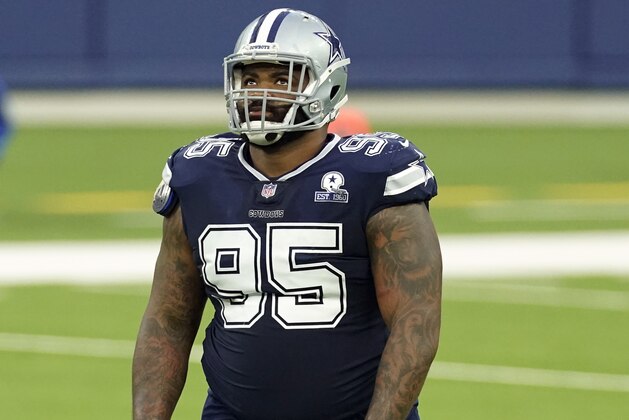 Dallas Cowboys defensive tackle Dontari Poe (95) during the first half of an NFL football game against the Los Angeles Rams Sunday, Sept. 13, 2020, in Inglewood, Calif. (AP Photo/Ashley Landis )
