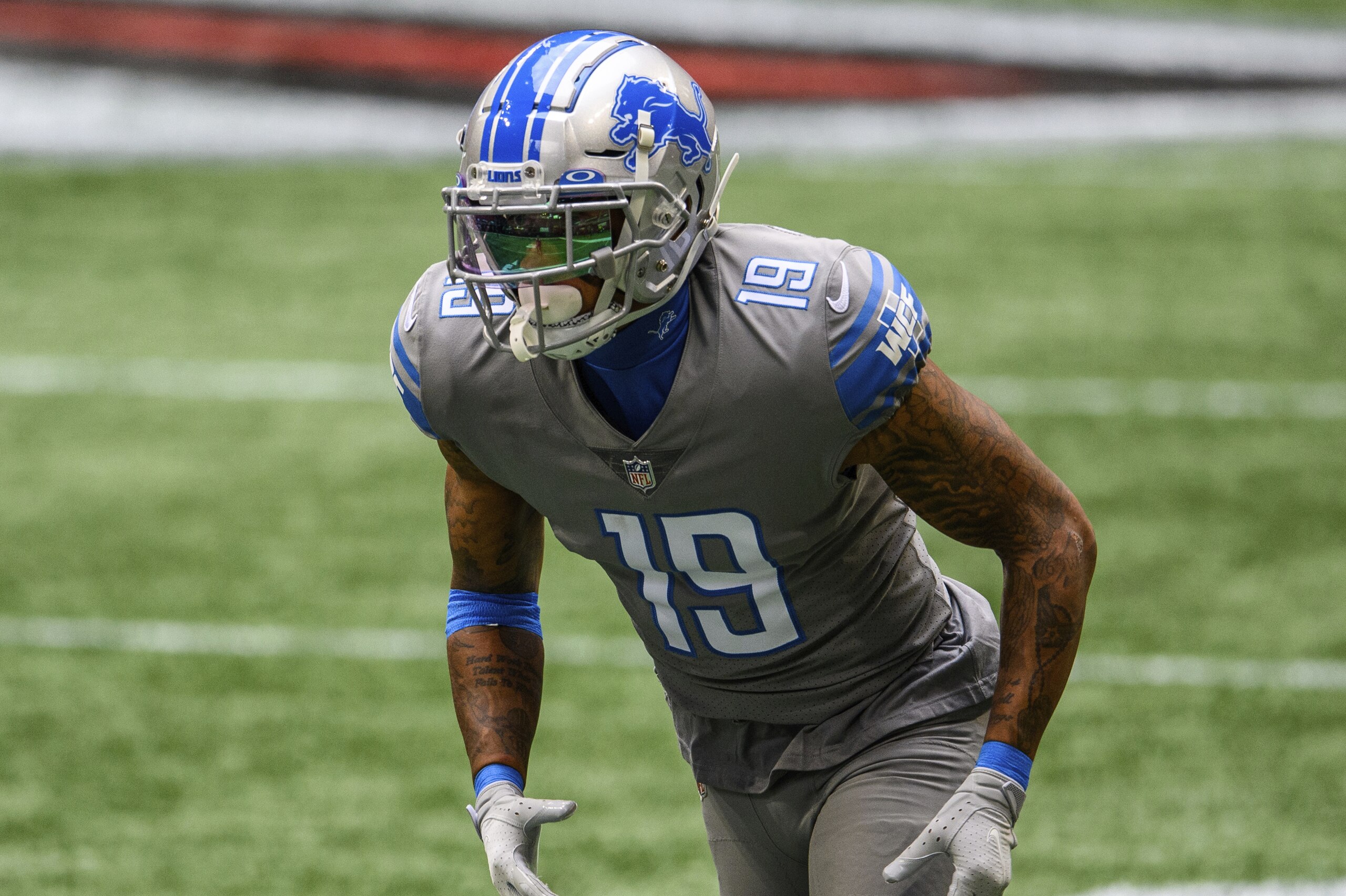 Detroit Lions wide receiver Kenny Golladay (19) works against the Atlanta Falcons during the first half of an NFL football game, Sunday, Oct. 25, 2020, in Atlanta. The Detroit Lions won 23-22. (AP Photo/Danny Karnik)