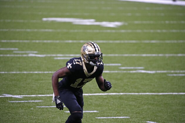 New Orleans Saints wide receiver Emmanuel Sanders (17) lines up for a play in the first half of an NFL football game against the Los Angeles Chargers in New Orleans, Monday, Oct. 12, 2020. (AP Photo/Butch Dill) New Orleans Saints wide receiver Emmanuel Sanders (17) lines up for a play in the first half of an NFL football game against the Los Angeles Chargers in New Orleans, Monday, Oct. 12, 2020. (AP Photo/Butch Dill)