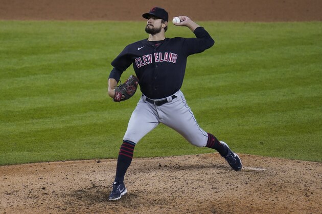 Cleveland Indians relief pitcher Brad Hand throws against the Detroit Tigers in the ninth inning of a baseball game in Detroit, Friday, Sept. 18, 2020. Cleveland won 1-0. (AP Photo/Paul Sancya)