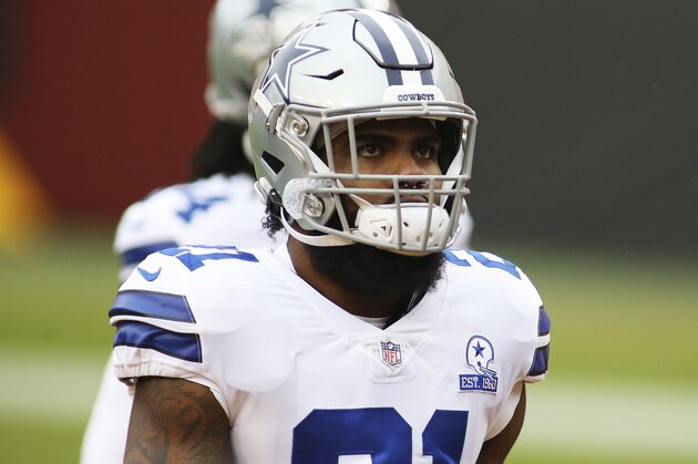 Dallas Cowboys running back Ezekiel Elliott (21) in action before an NFL football game against the Washington Football Team, Sunday, Oct. 25, 2020 in Landover, Md. (AP Photo/Daniel Kucin Jr.)