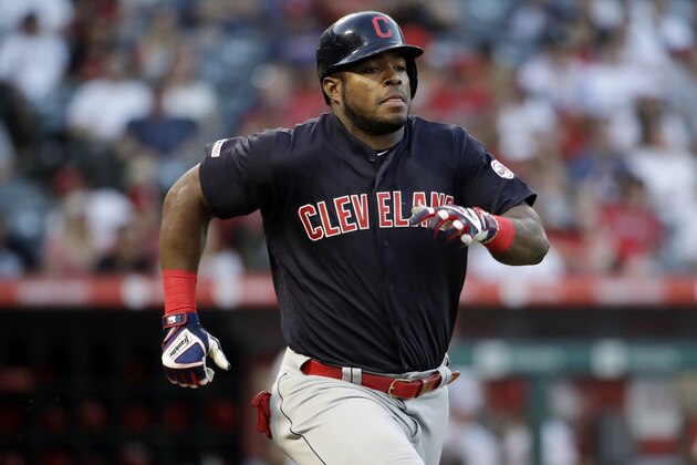 Cleveland Indians' Yasiel Puig runs against the Los Angeles Angels during a baseball game Wednesday, Sept. 11, 2019, in Anaheim, Calif. (AP Photo/Marcio Jose Sanchez)