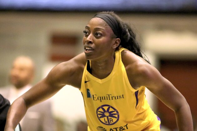 Los Angeles Sparks Chiney Ogwumike #13 in action against the New York Liberty during a WNBA basketball game, Saturday, July 20, 2019, in White Plains, N.Y. The Liberty won the game 83-78. (AP Photo/Gregory Payan)