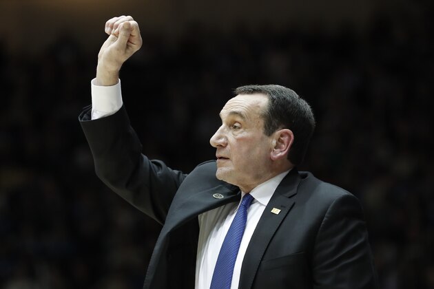 Duke head coach Mike Krzyzewski directs his players during the second half of an NCAA college basketball game against Virginia Tech in Durham, N.C., Saturday, Feb. 22, 2020. (AP Photo/Gerry Broome)