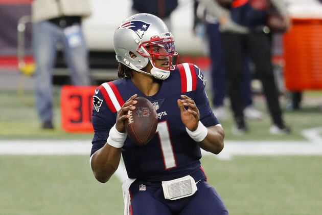 New England Patriots quarterback Cam Newton drops back to pass against the San Francisco 49ers during an NFL football game at Gillette Stadium, Sunday, Oct. 25, 2020 in Foxborough, Mass. (Winslow Townson/AP Images for Panini)