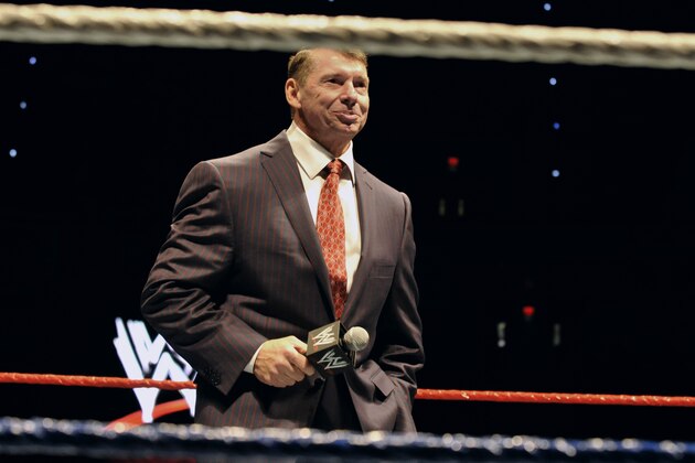 Vince McMahon, husband of Republican U.S. Senate candidate Linda McMahon, speaks to an audience during a WWE fan appreciation event in Hartford, Conn., Saturday, Oct. 30, 2010. Former World Wrestling Entertainment CEO McMahon is battling Richard Blumenthal, the Connecticut  Attorney General, for the senate seat being vacated by the retiring Sen. Chris Dodd.  (AP Photo/Jessica Hill)
