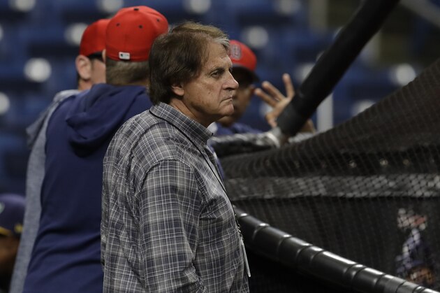 Tony La Russa, Boston Red Sox vice president and special assistant to the president of baseball operations before a baseball game against the Tampa Bay Rays Friday, April 19, 2019, in St. Petersburg, Fla. (AP Photo/Chris O'Meara)
