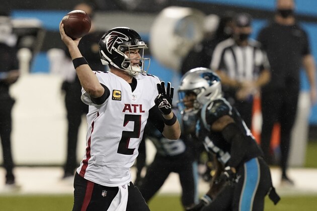 Atlanta Falcons quarterback Matt Ryan passes against the Carolina Panthers during the first half of an NFL football game Thursday, Oct. 29, 2020, in Charlotte, N.C. (AP Photo/Gerry Broome) Atlanta Falcons quarterback Matt Ryan passes against the Carolina Panthers during the first half of an NFL football game Thursday, Oct. 29, 2020, in Charlotte, N.C. (AP Photo/Gerry Broome)