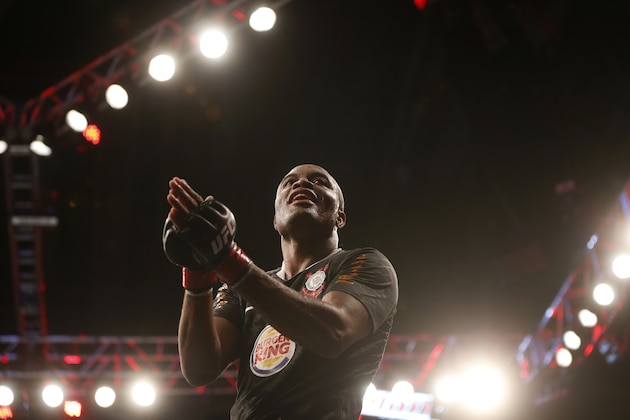 Anderson Silva, from Brazil, celebrates after defeating Stephan Bonnar, from the United States, during their light heavyweight mixed martial arts bout at the Ultimate Fighting Championship (UFC) 153 in Rio de Janeiro, Brazil, Sunday Oct.  14, 2012. (AP Photo/Felipe Dana)