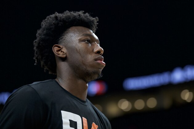 Memphis center James Wiseman warms up before the team's NCAA college basketball game against Oregon in Portland, Ore., Tuesday, Nov. 12, 2019. (AP Photo/Craig Mitchelldyer)