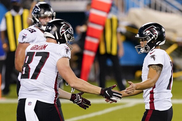 Atlanta Falcons kicker Younghoe Koo celebrates after a field goal with Jaeden Graham during the first half of an NFL football game against the Carolina Panthers Thursday, Oct. 29, 2020, in Charlotte, N.C. (AP Photo/Gerry Broome) Atlanta Falcons kicker Younghoe Koo celebrates after a field goal with Jaeden Graham during the first half of an NFL football game against the Carolina Panthers Thursday, Oct. 29, 2020, in Charlotte, N.C. (AP Photo/Gerry Broome)