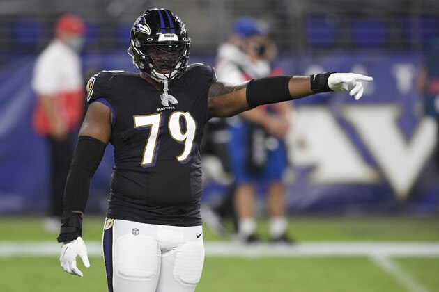 Baltimore Ravens offensive tackle Ronnie Stanley (79) points during the first half of an NFL football game against the Kansas City Chiefs, Monday, Sept. 28, 2020, in Baltimore. (AP Photo/Nick Wass)