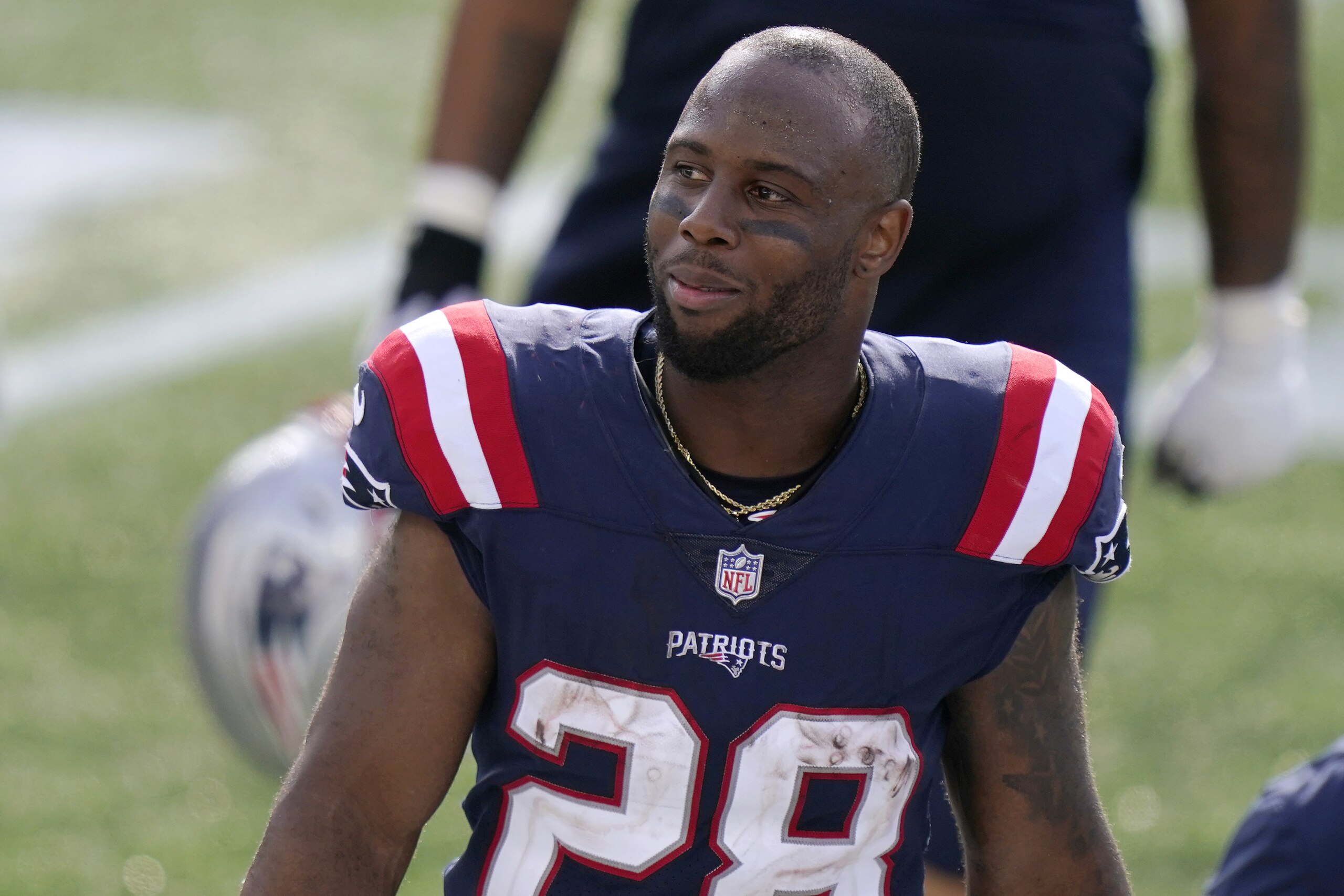 New England Patriots running back James White stands on the sideline in the second half of an NFL football game against the Miami Dolphins, Sunday, Sept. 13, 2020, in Foxborough, Mass. (AP Photo/Steven Senne)