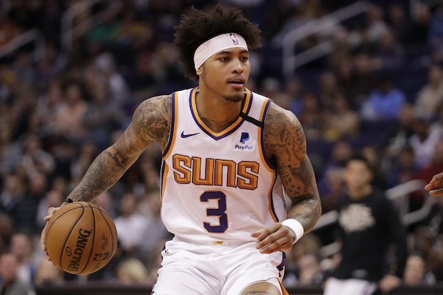 Phoenix Suns forward Kelly Oubre Jr. (3) against the Golden State Warriors during the second half of an NBA basketball game, Wednesday, Feb. 12, 2020, in Phoenix. (AP Photo/Matt York)