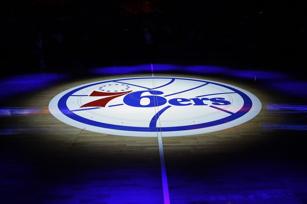 The Philadelphia 76ers' lhalf-court logo is shown before an NBA basketball game against the Cleveland Cavaliers, Friday, Nov. 8, 2013, in Philadelphia. (AP Photo/Matt Slocum)