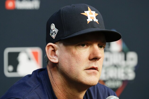 Houston Astros manager AJ Hinch speaks during a news conference for baseball's World Series Monday, Oct. 21, 2019, in Houston. The Houston Astros face the Washington Nationals in Game 1 on Tuesday. (AP Photo/Eric Gay) Houston Astros manager AJ Hinch speaks during a news conference for baseball's World Series Monday, Oct. 21, 2019, in Houston. The Houston Astros face the Washington Nationals in Game 1 on Tuesday. (AP Photo/Eric Gay)
