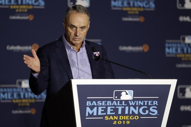 Commissioner Rob Manfred speaks during the Major League Baseball winter meetings Wednesday, Dec. 11, 2019, in San Diego. (AP Photo/Gregory Bull) Commissioner Rob Manfred speaks during the Major League Baseball winter meetings Wednesday, Dec. 11, 2019, in San Diego. (AP Photo/Gregory Bull)