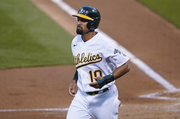 Oakland Athletics' Marcus Semien during a baseball game against the San Francisco Giants Friday, Sept. 18, 2020, in Oakland, Calif. (AP Photo/Eric Risberg)