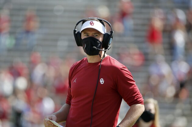 Oklahoma head coach Lincoln Riley washes from the sideline as his team played Texas during the second half of an NCAA college football game in Dallas, Saturday, Oct. 10, 2020. (AP Photo/Michael Ainsworth) Oklahoma head coach Lincoln Riley washes from the sideline as his team played Texas during the second half of an NCAA college football game in Dallas, Saturday, Oct. 10, 2020. (AP Photo/Michael Ainsworth)