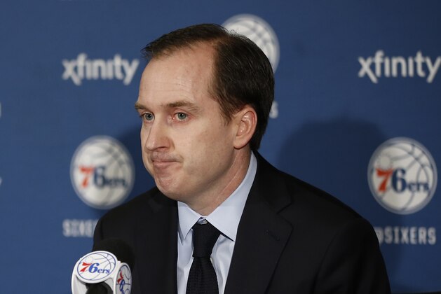 FILE - In this Dec. 11, 2015, file photo, Philadelphia 76ers general manager Sam Hinkie speaks at a news conference before an NBA basketball game against the Detroit Pistons in Philadelphia. Hinkie resigned Wednesday night, April 6, 2016. (AP Photo/Matt Slocum, File)