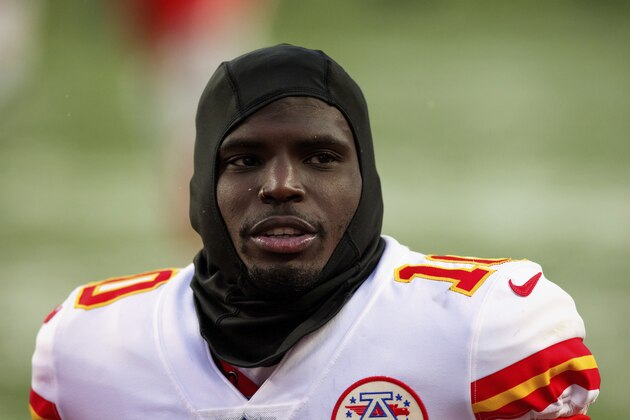 Kansas City Chiefs wide receiver Tyreek Hill (10) walks off the field after an NFL football game against the Denver Broncos, Sunday, Oct.. 25, 2020, in Denver. (AP Photo/Justin Edmonds)