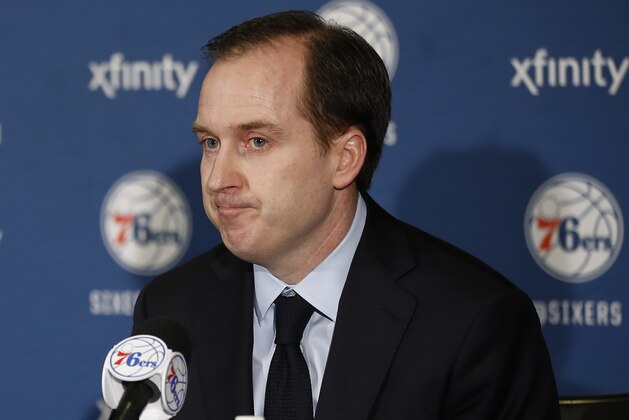 FILE - In this Dec. 11, 2015, file photo, Philadelphia 76ers general manager Sam Hinkie speaks at a news conference before an NBA basketball game against the Detroit Pistons in Philadelphia. Hinkie resigned Wednesday night, April 6, 2016. (AP Photo/Matt Slocum, File)