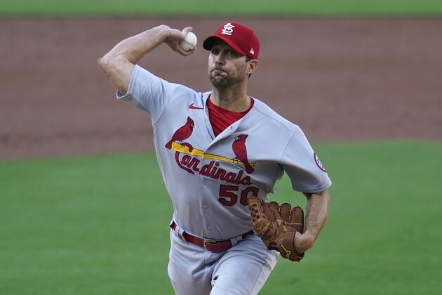 St. Louis Cardinals starting pitcher Adam Wainwright works against a San Diego Padres batter during the first inning of Game 2 of a National League wild-card baseball series Thursday, Oct. 1, 2020, in San Diego. (AP Photo/Gregory Bull)
