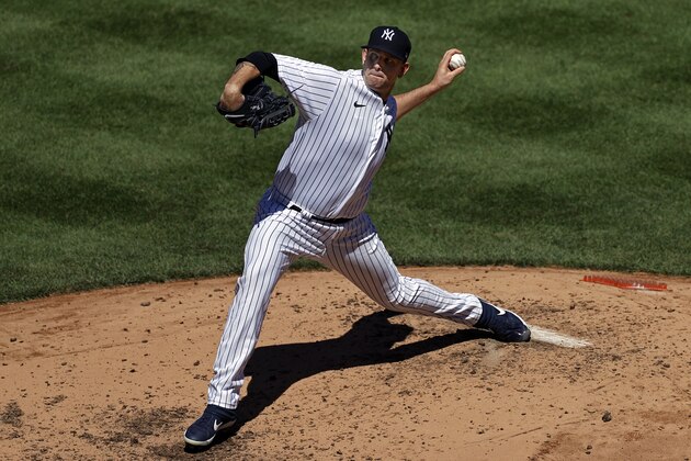 New York Yankees pitcher James Paxton delvers a pitch against the Tampa Bay Rays during the third inning of a baseball game Thursday, Aug. 20, 2020, in New York. (AP Photo/Adam Hunger)