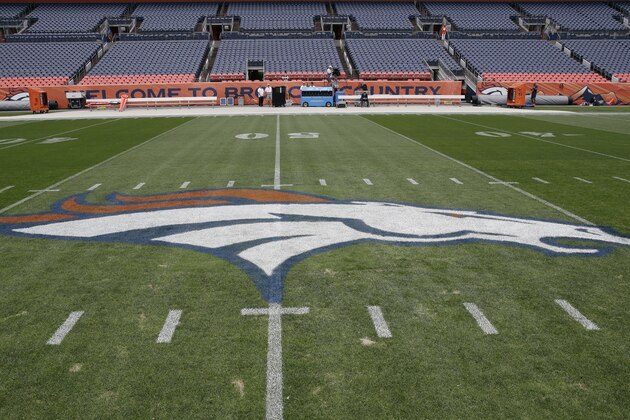 The Denver Broncos logo is painted on the field at Mile High Stadium prior to an NFL football game against the Los Angeles Chargers, Monday, Sept. 11, 2017, in Denver. (AP Photo/Jack Dempsey)