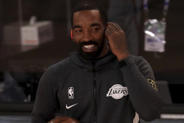Los Angeles Lakers' JR Smith warms up prior to an NBA basketball game against the Los Angeles Clippers, Thursday, July 30, 2020, in Lake Buena Vista, Fla. (Mike Ehrmann/Pool Photo via AP)