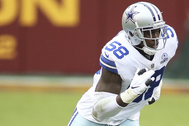 Dallas Cowboys defensive end Aldon Smith (58) in action during an NFL football game against the Washington Football Team, Sunday, Oct. 25, 2020 in Landover, Md. (AP Photo/Daniel Kucin Jr.)