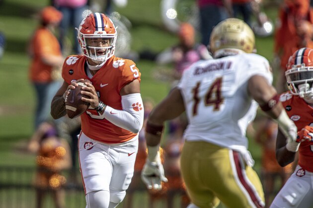Clemson quarterback D.J. Uiagalelei (5) passes the ball during the first half an NCAA college football game against Boston College on Saturday, Oct. 31, 2020, in Clemson, S.C. (Josh Morgan/Pool Photo via AP) Clemson quarterback D.J. Uiagalelei (5) passes the ball during the first half an NCAA college football game against Boston College on Saturday, Oct. 31, 2020, in Clemson, S.C. (Josh Morgan/Pool Photo via AP)